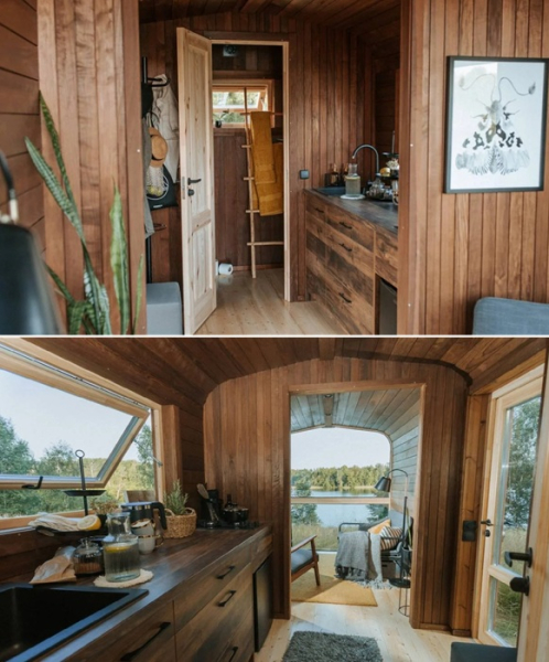 Жилое пространство разделено на зоны с помощью перегородок (Nature Pod).