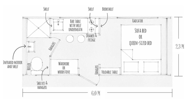 Планировка крошечного дома Nature Pod от компании Vagabond Haven. 