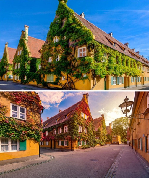 Красоту исторических фасадов подчеркивает зелень.