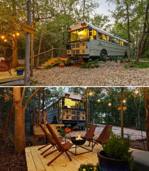 Переобладнаний шкільний автобус із зоною відпочинку. Переоборудованный школьный автобус с зоной отдыха.