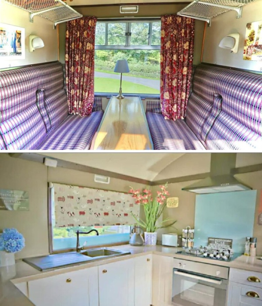 Зона їдальні віддає шану історичному минулому залізничного вагона (Камбрія, Великобританія). Зона столовой отдает дань уважения историческому прошлому ж/д вагона (Камбрия, Великобритания).