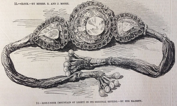 Кох-и-Нур, между двумя другими бриллиантами, в том виде, в каком он был первоначально подарен королеве Виктории, иллюстрация Лондон Ньюс, 31 мая 1851 года.  Фото: vam.ac.uk.
