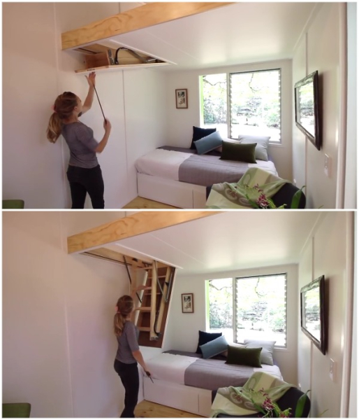 Лестница прячется в конструкцию перекрытия.