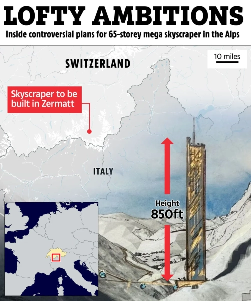Небоскреб 260-метровой высоты может появиться на окраине Церматта (визуализация Lina Peak). 