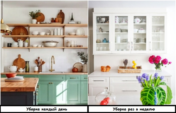 Замените открытые полки шкафчиками со стеклянными дверцами