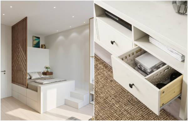 Выдвижной ящик может быть в ТВ-тумбе или подиуме