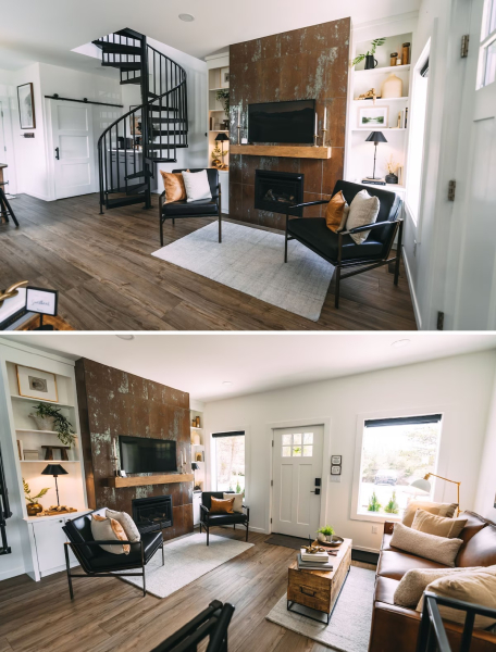 Просторная гостиная с камином.