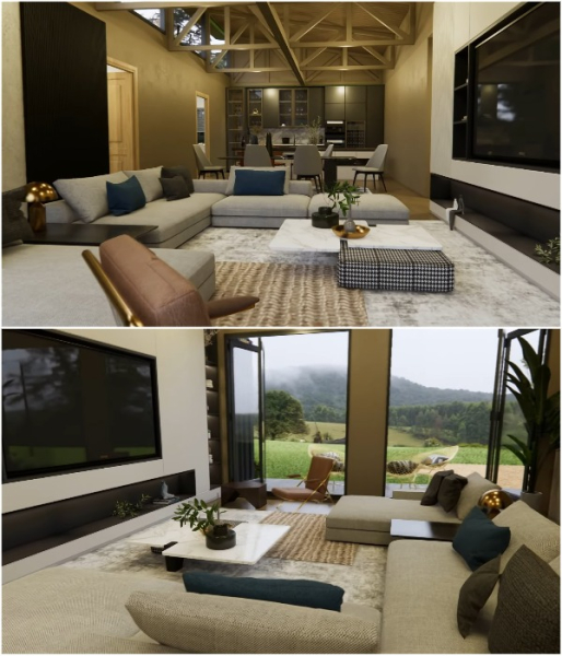 Просторная гостиная с дизайнерской мебелью.