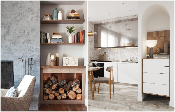 Сделайте в нише полки с камином или поставьте комод