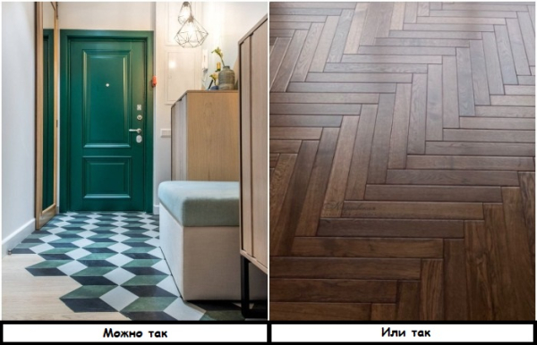 Плитка с рисунком на полу и паркет