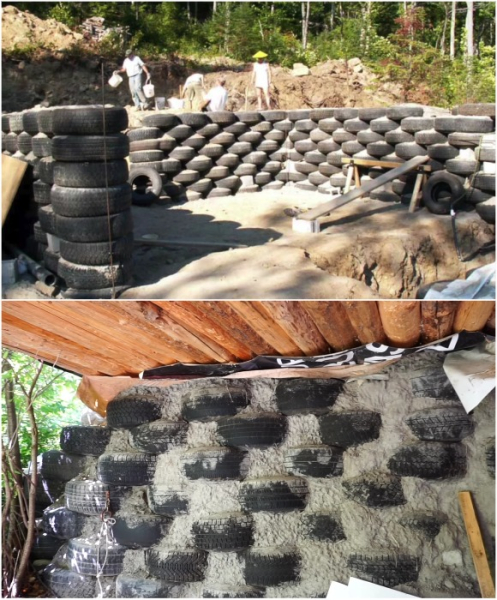 Стіни звели з шин, набитих землею. Стены возвели из шин, набитых землей.