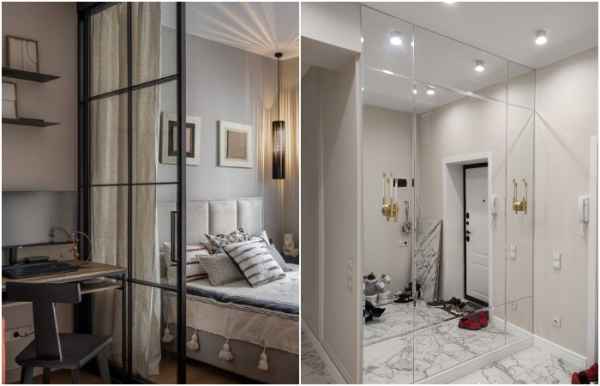 Зеркальная стена и стеклянная перегородка