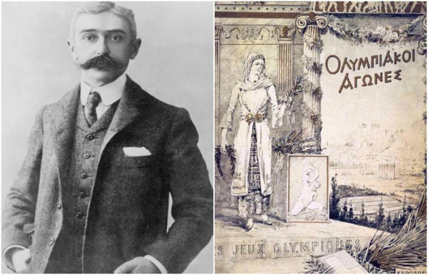 Барон П'єр де Кубертен (ліворуч) та плакат І Олімпійських ігор (праворуч). /Фото: wikipedia.org Барон Пьер де Кубертен (слева) и плакат І Олимпийских игр (справа). /Фото: wikipedia.org