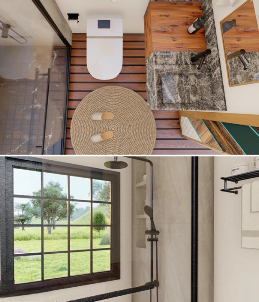 Стильная ванная комната с большим окном.