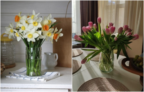 Поставьте на стол букет живых тюльпанов или нарциссов