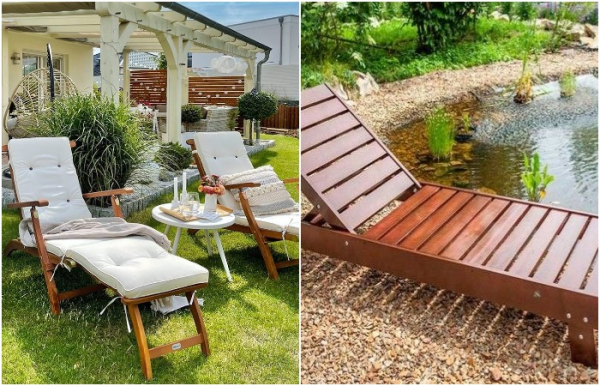 Можно поставить шезлонг рядом с водоемом или просто на траве