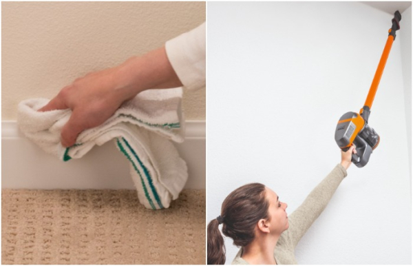 Протереть плинтус от пыли и убрать паутину на потолке